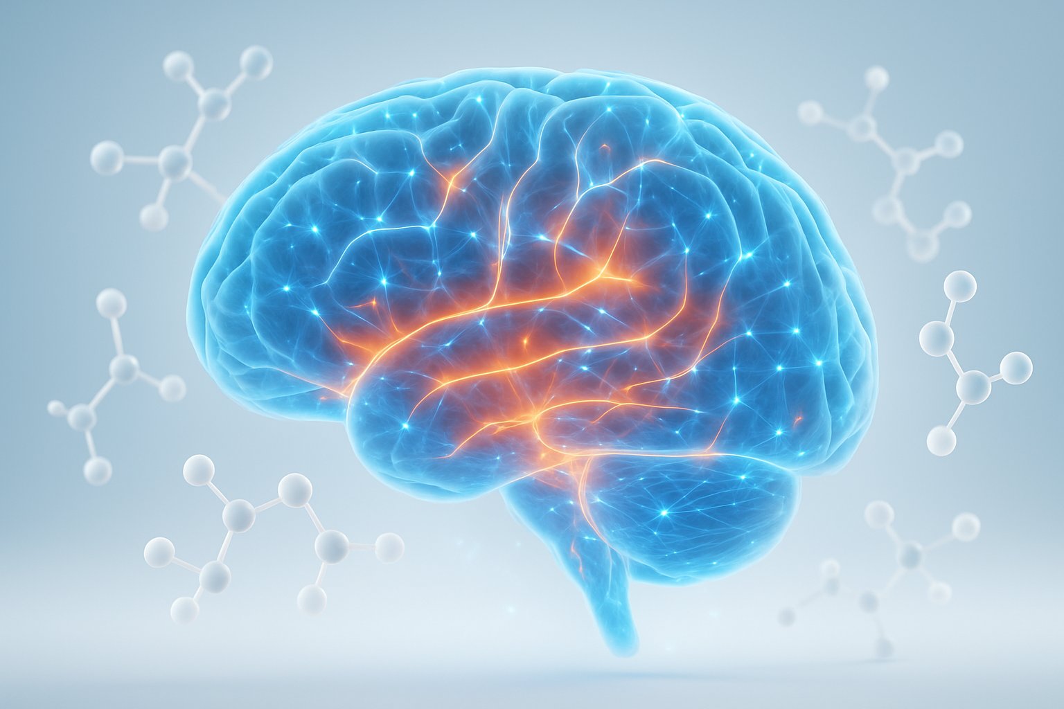 v2-137ws6-sxzyo - Preventive Medicine Daily A glowing human brain with illuminated neural connections and molecular structures around it, symbolizing brain activity and enhancement.