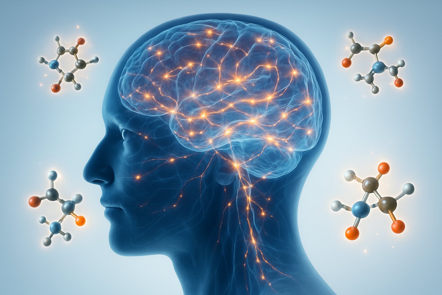 What happens to your brain when you take creatine - Preventive Medicine Daily Side view of a human head showing a glowing brain with highlighted neural connections and creatine molecules around it.