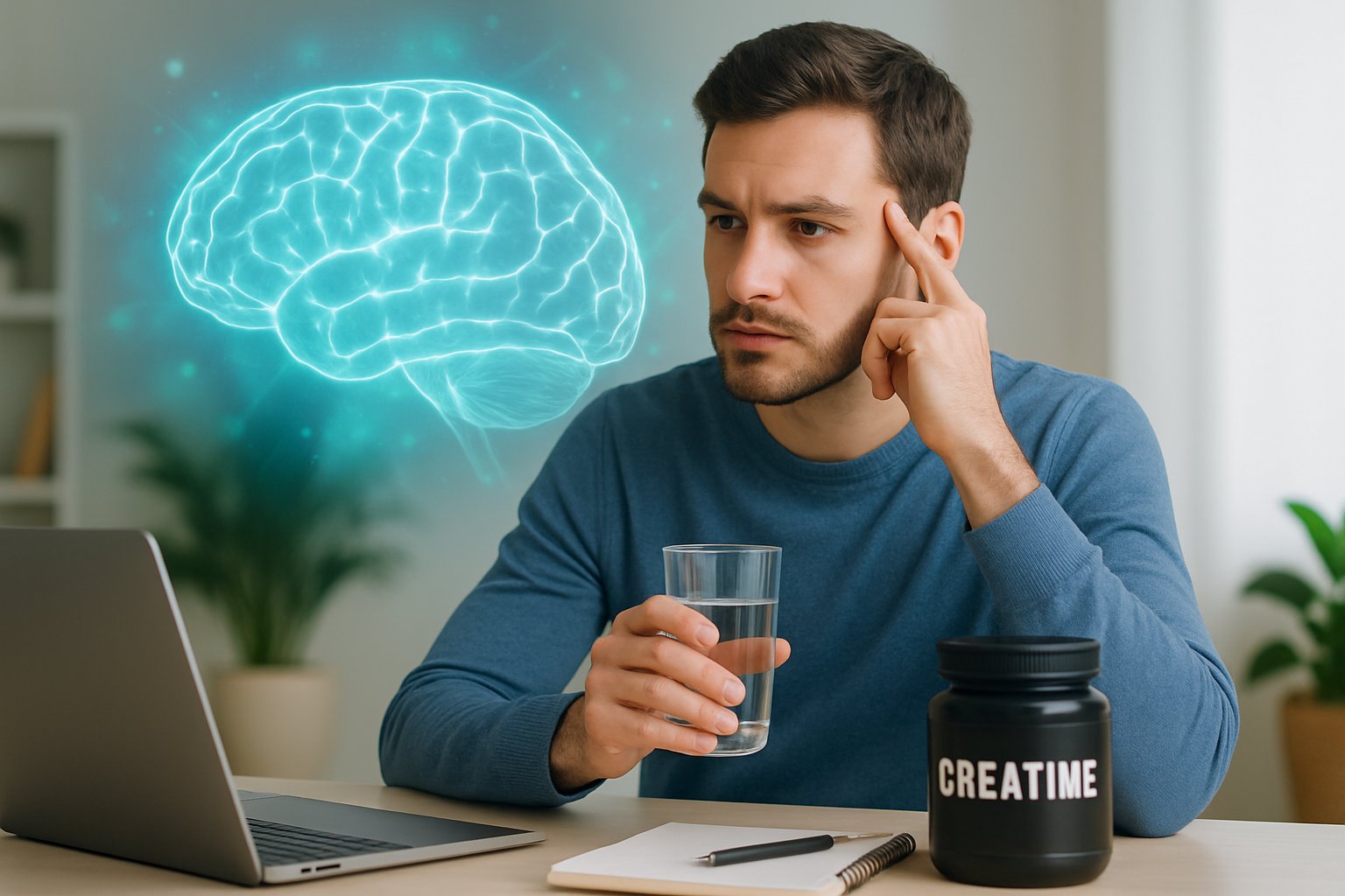 v2-137wuu-b7se9 - Preventive Medicine Daily A young man sitting at a desk holding a glass of water and a creatine supplement, with a glowing neural brain illustration in the background symbolizing brain health under stress.
