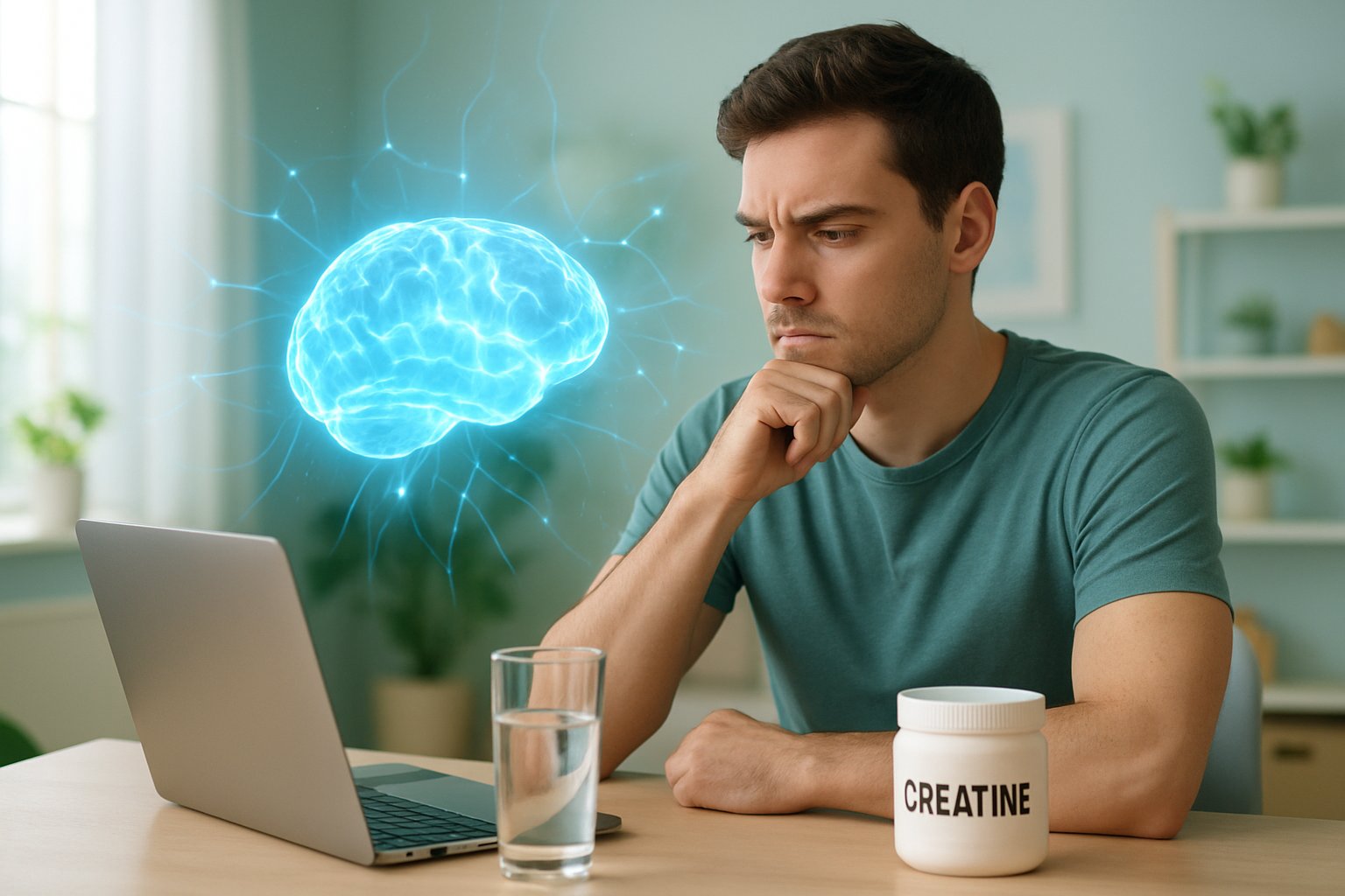 v2-137wvu-qi80f - Preventive Medicine Daily A young adult sitting at a desk with a laptop and creatine powder, with a glowing holographic brain model floating above the desk.