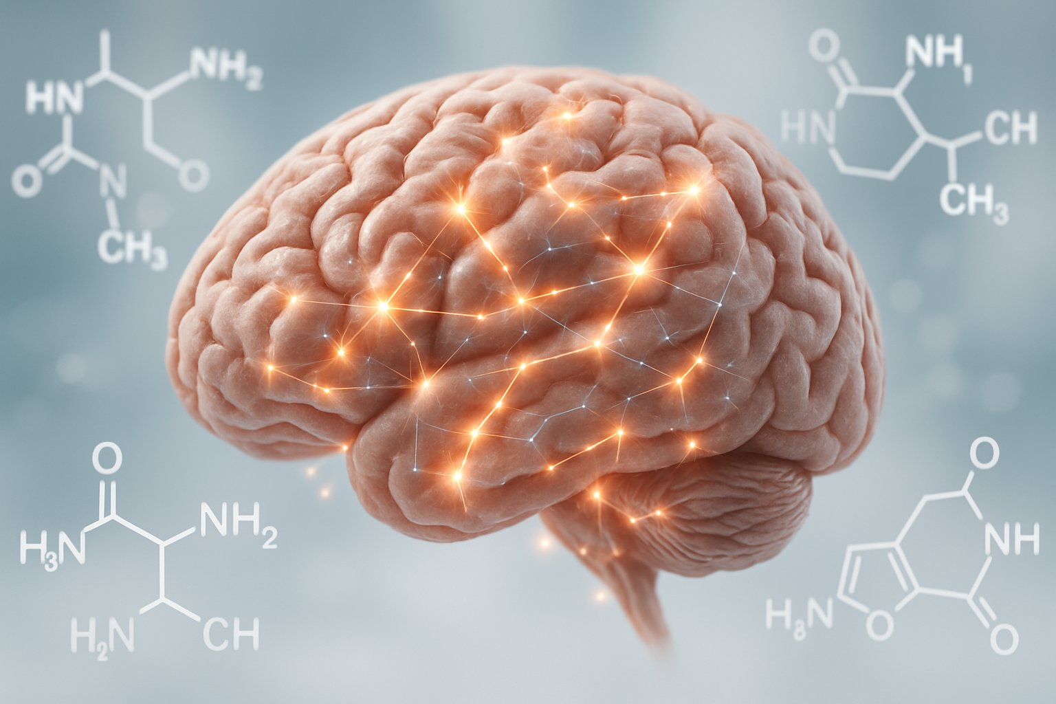 v2-137wwt-acdq9 - Preventive Medicine Daily A detailed human brain with glowing neural connections and molecular structures around it, illustrating brain activity and interaction with molecules.