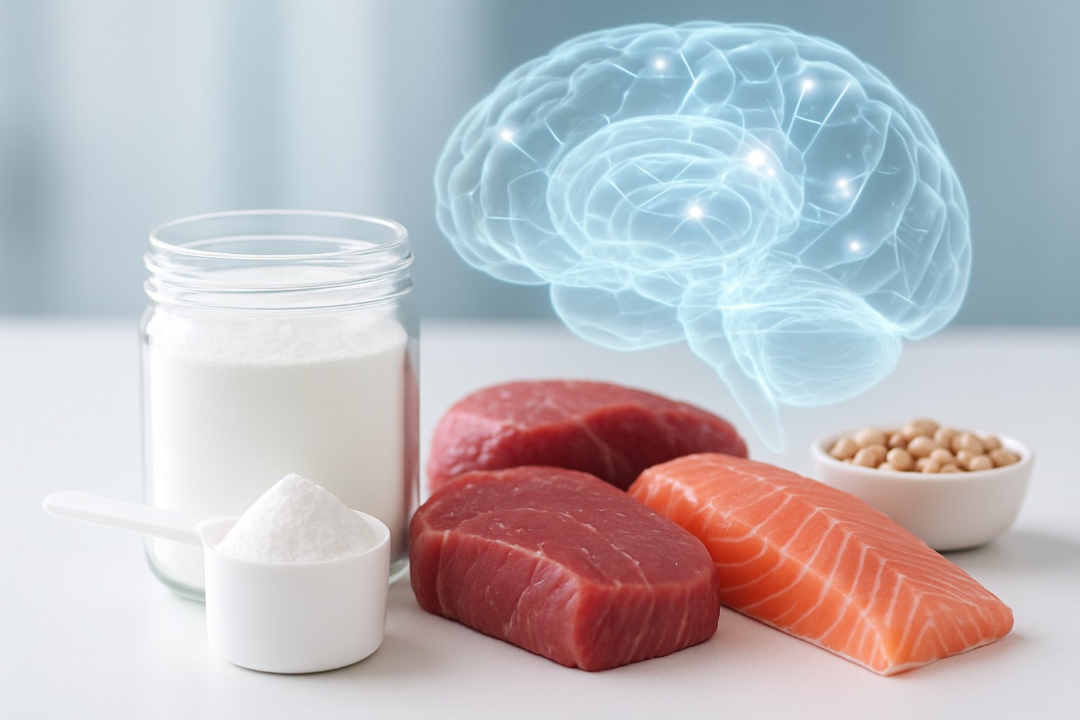 v2-137wxj-67z3k - Preventive Medicine Daily A glass container of white creatine powder on a white surface surrounded by raw meat, fish, and legumes, with a glowing 3D illustration of a human brain in the background.