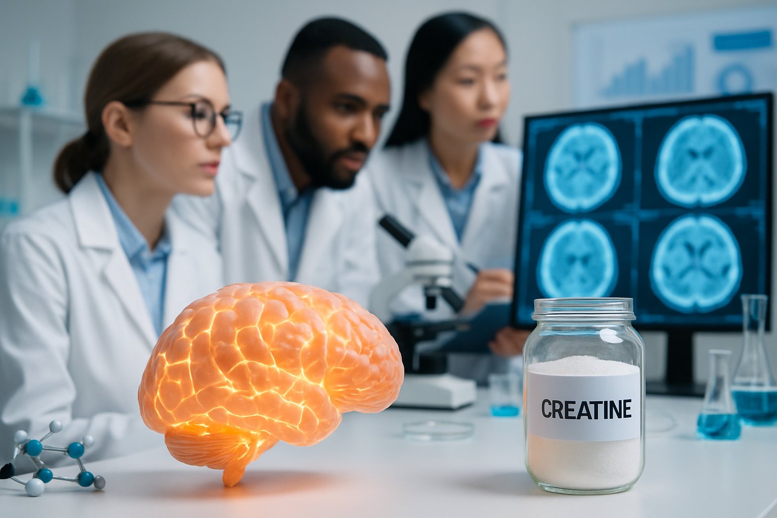v2-137wzk-jxs1d - Preventive Medicine Daily Scientists in a laboratory examining brain scans with a glowing 3D brain model and creatine supplement on the table.