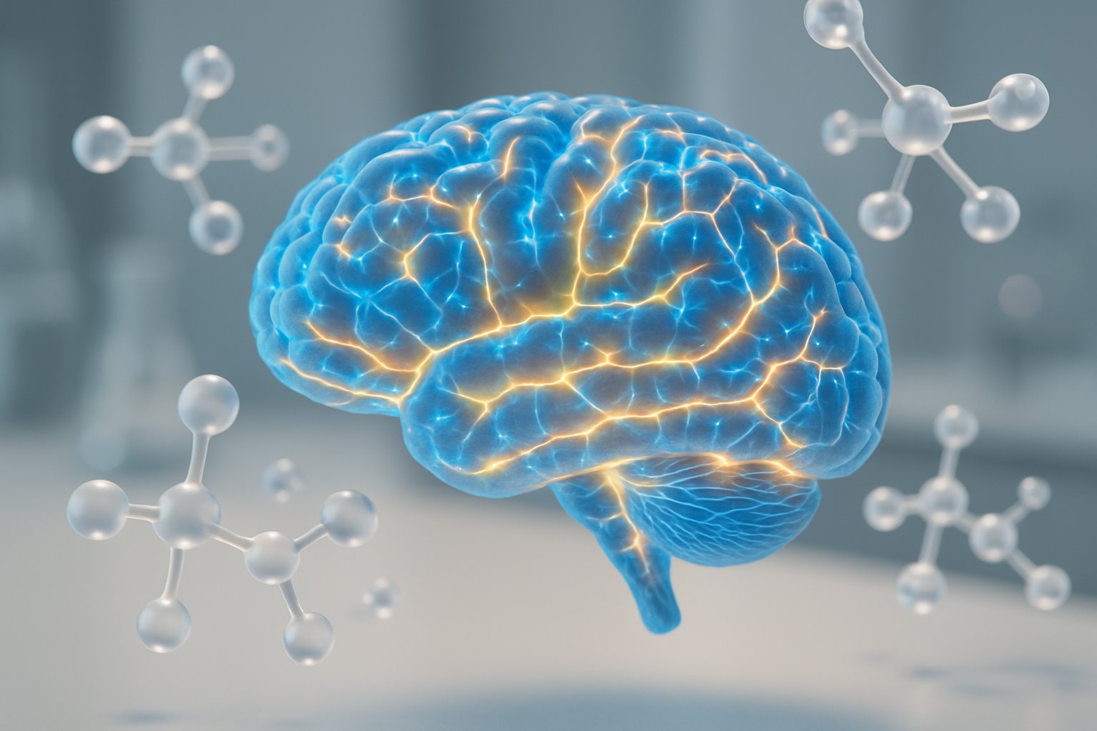 v2-137x08-zu0je - Preventive Medicine Daily Close-up of a glowing human brain model with neural connections and floating molecular structures in a scientific laboratory setting.