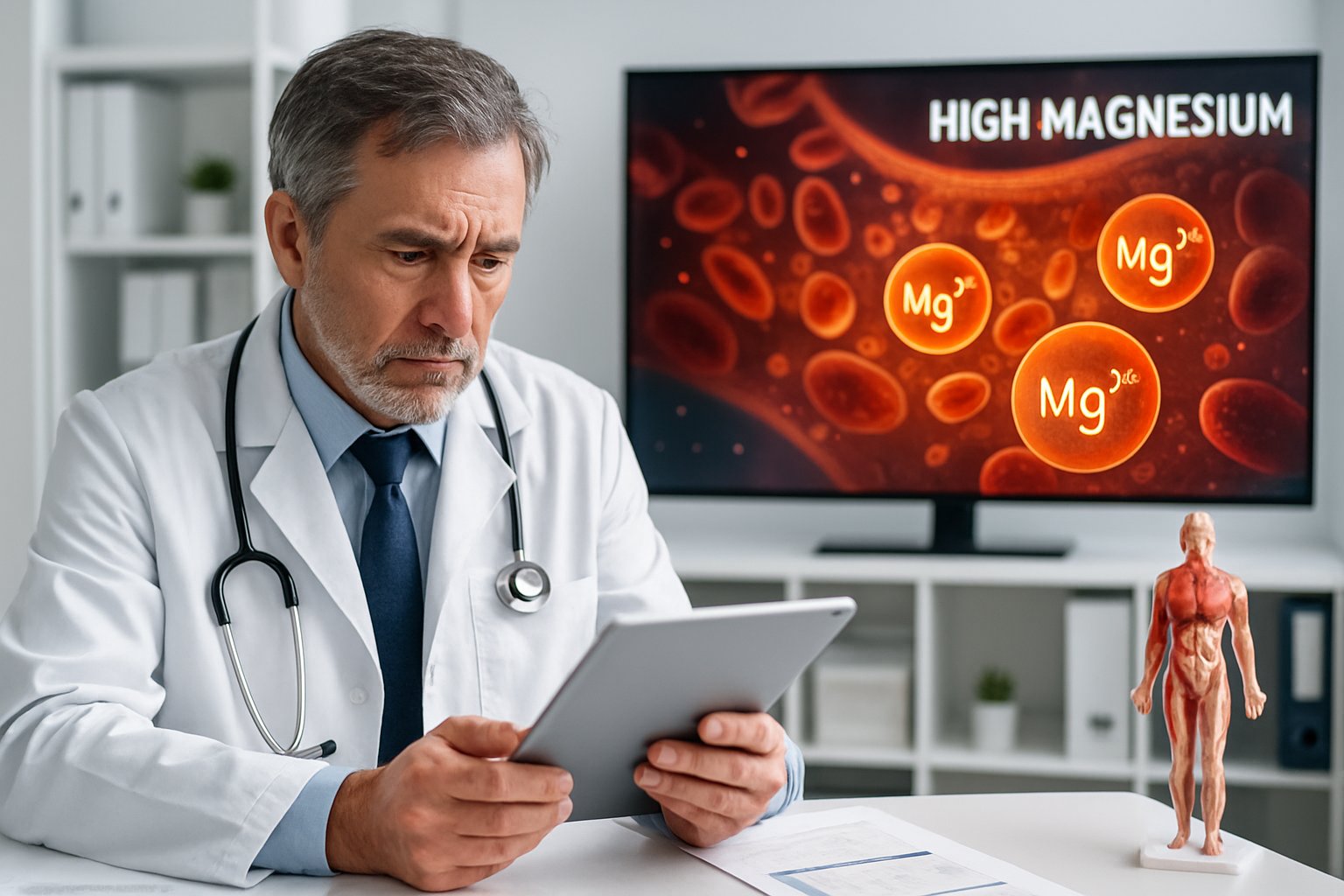 v2-138gla-me9hc - Preventive Medicine Daily A doctor reviewing blood test results on a tablet in a medical office with a 3D graphic of bloodstream showing elevated magnesium ions on a screen behind him.