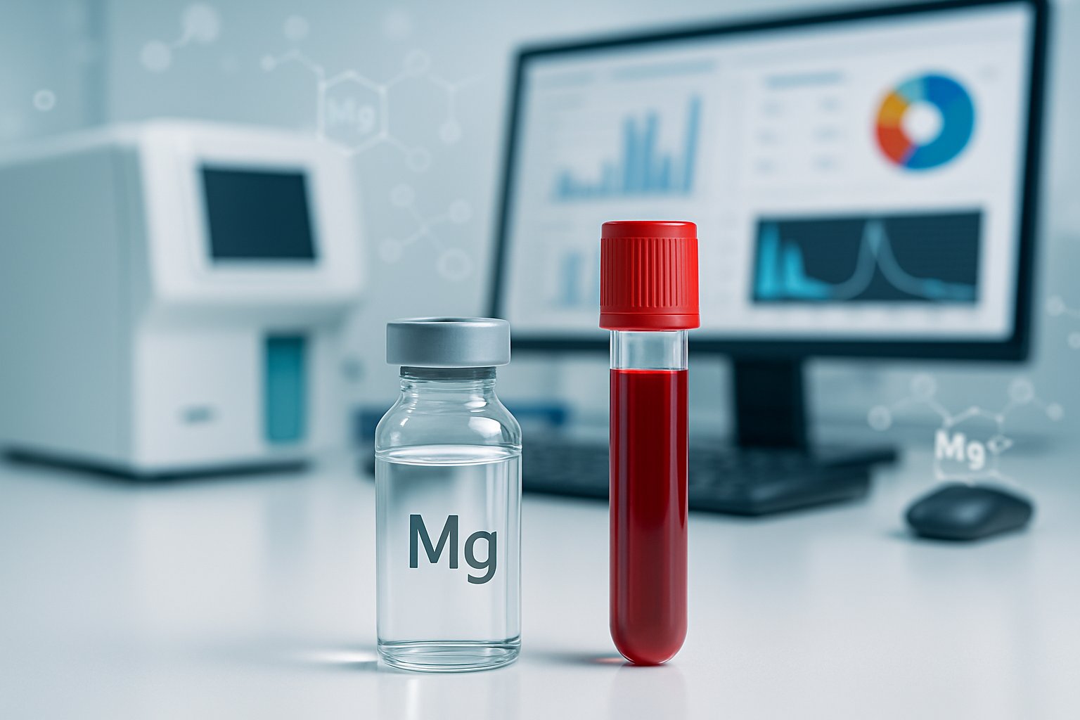 v2-138gmq-om4gc - Preventive Medicine Daily Close-up of a medical laboratory setup showing a blood sample tube and a vial with a magnesium symbol next to scientific equipment and digital blood test results.