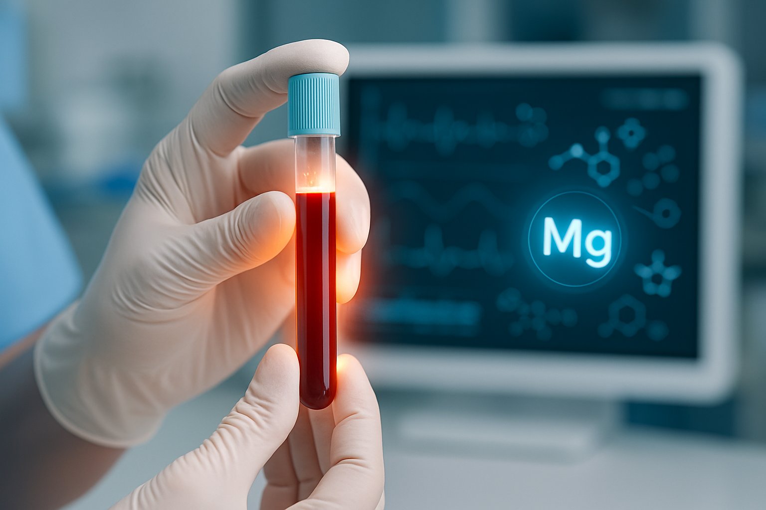 v2-138gnk-1xyks - Preventive Medicine Daily Close-up of a healthcare professional holding a vial of blood in a clinical laboratory with medical monitors in the background.