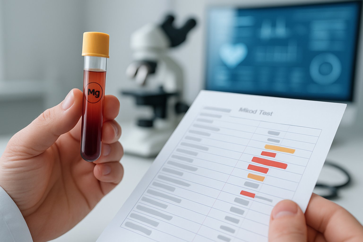 v2-138gog-9udl1 - Preventive Medicine Daily A doctor holding a vial near a blood test report with highlighted indicators, set in a medical environment with a stethoscope and computer in the background.