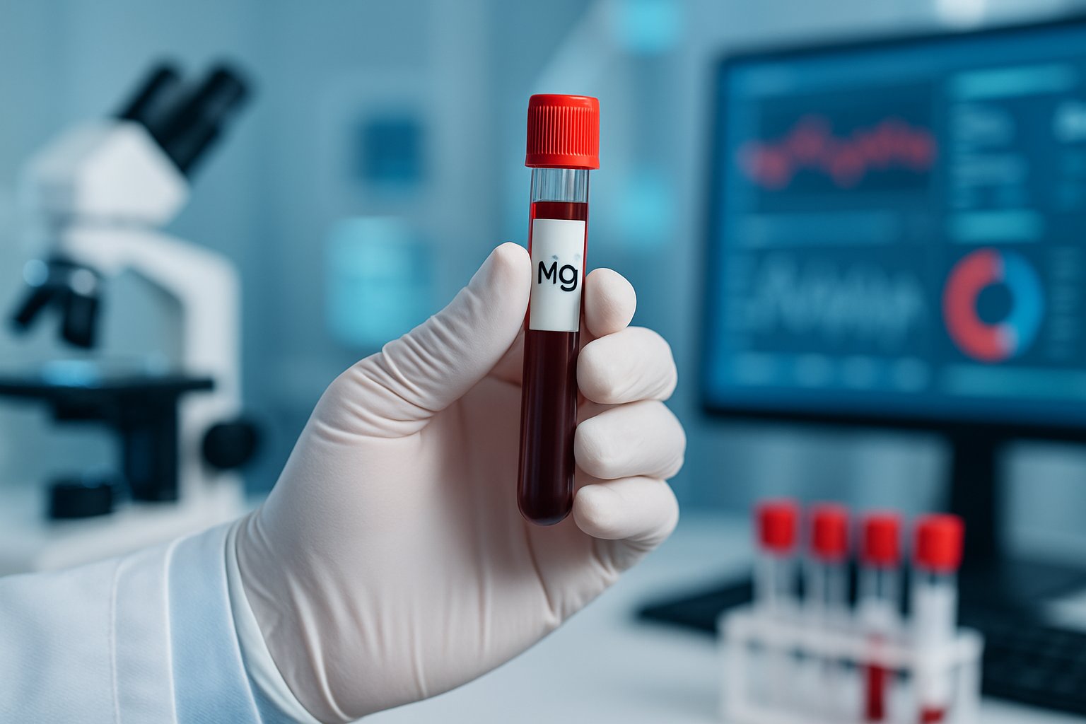 high magnesium in blood - Preventive Medicine Daily A healthcare professional holding a blood sample vial in a medical laboratory with equipment in the background.