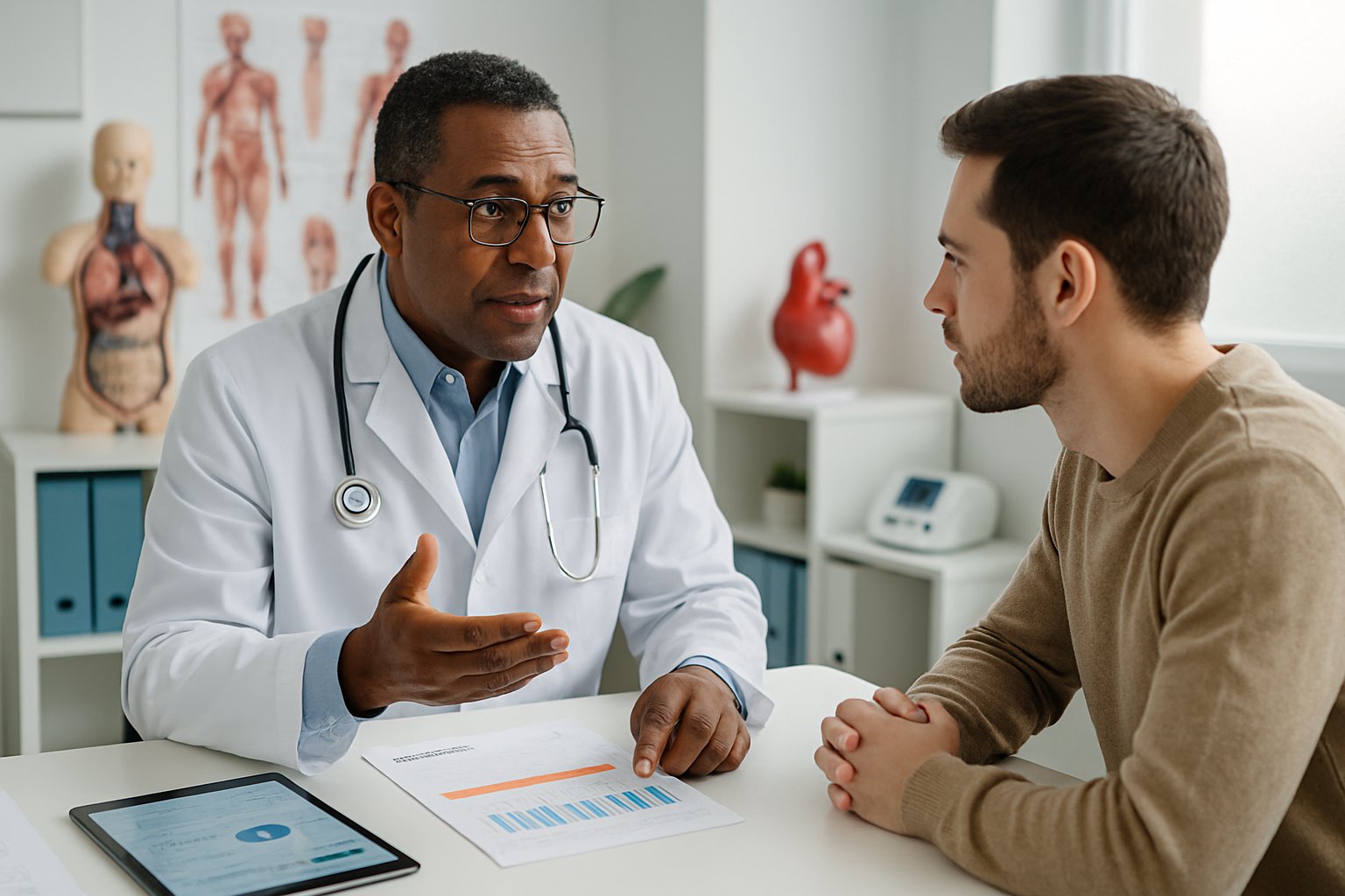 v2-138gpw-6j73p - Preventive Medicine Daily A doctor discussing blood health and treatment options with a patient in a modern clinic.