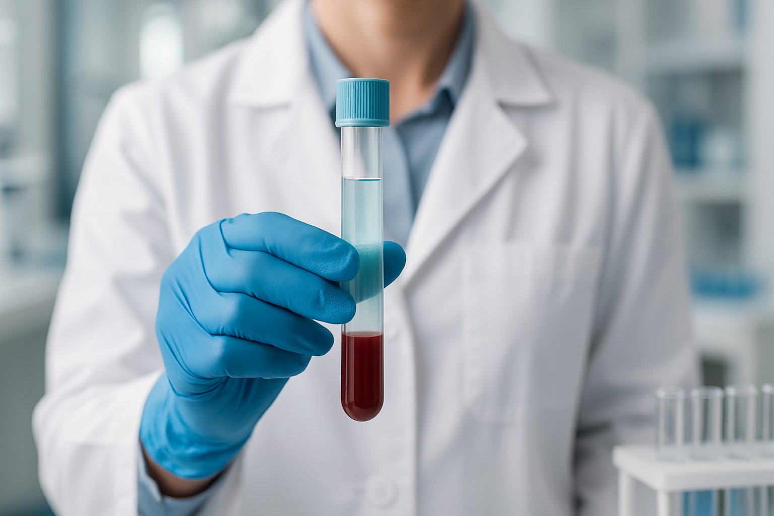 v2-138kmp-axr9c - Preventive Medicine Daily Close-up of a medical professional holding a vial of blood in a laboratory setting.