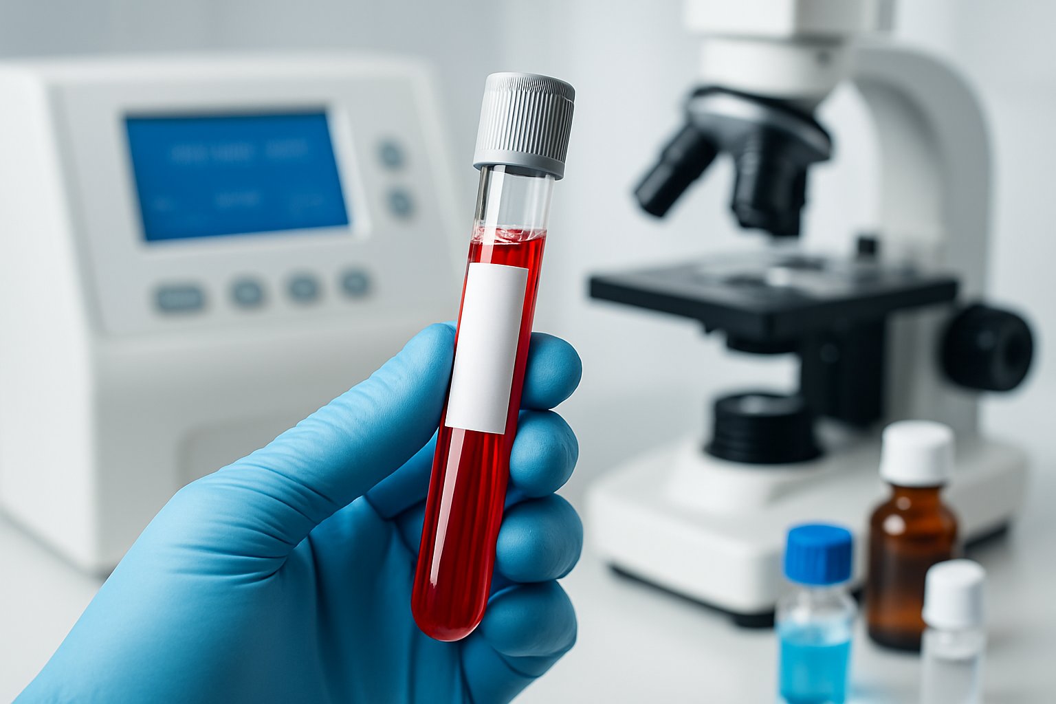 v2-138knb-126lg - Preventive Medicine Daily Close-up of a gloved hand holding a test tube of blood in a medical laboratory with scientific instruments in the background.