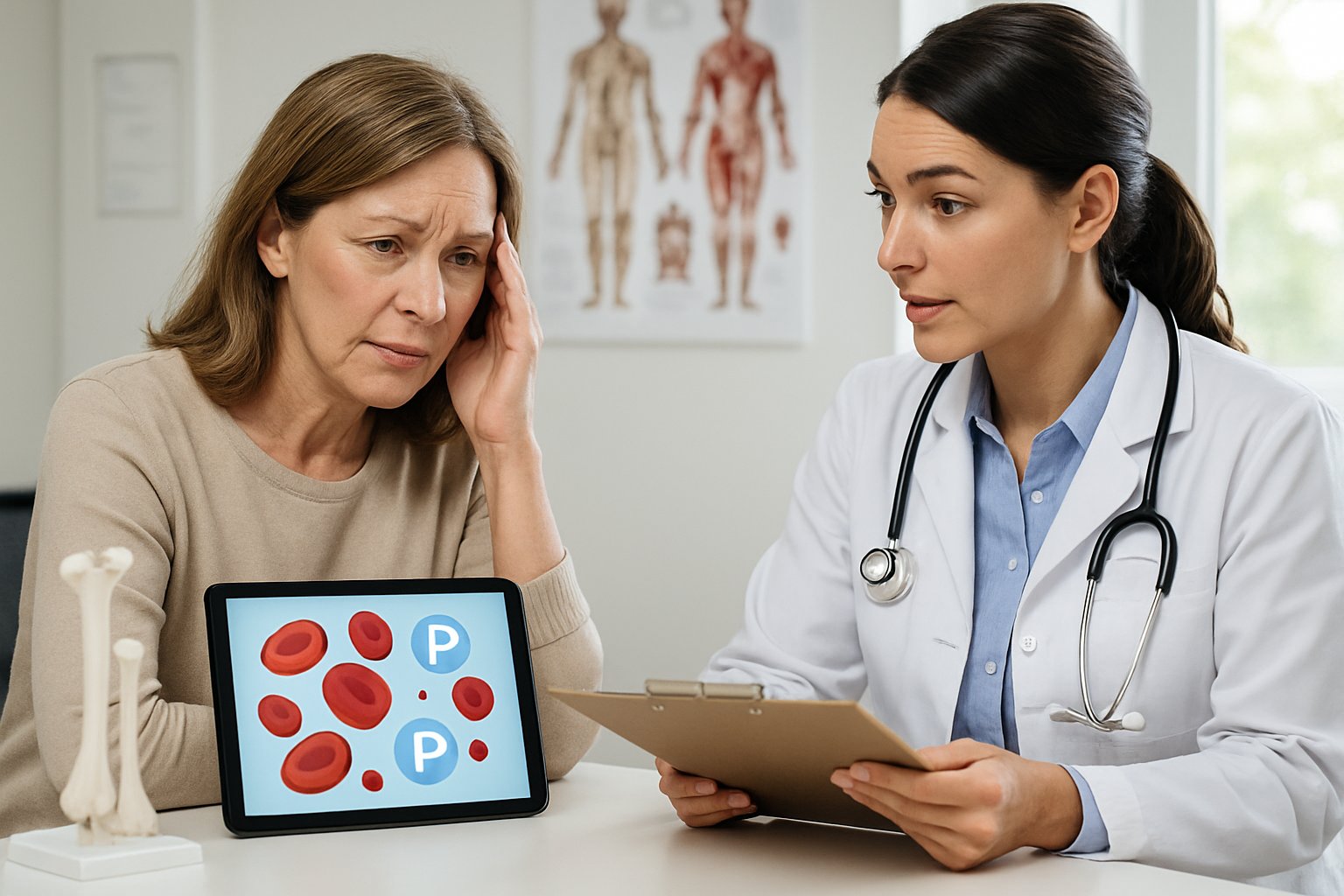 v2-138koa-kw7re - Preventive Medicine Daily A woman talking with a doctor in a medical office with anatomical models and a tablet displaying blood-related graphics.