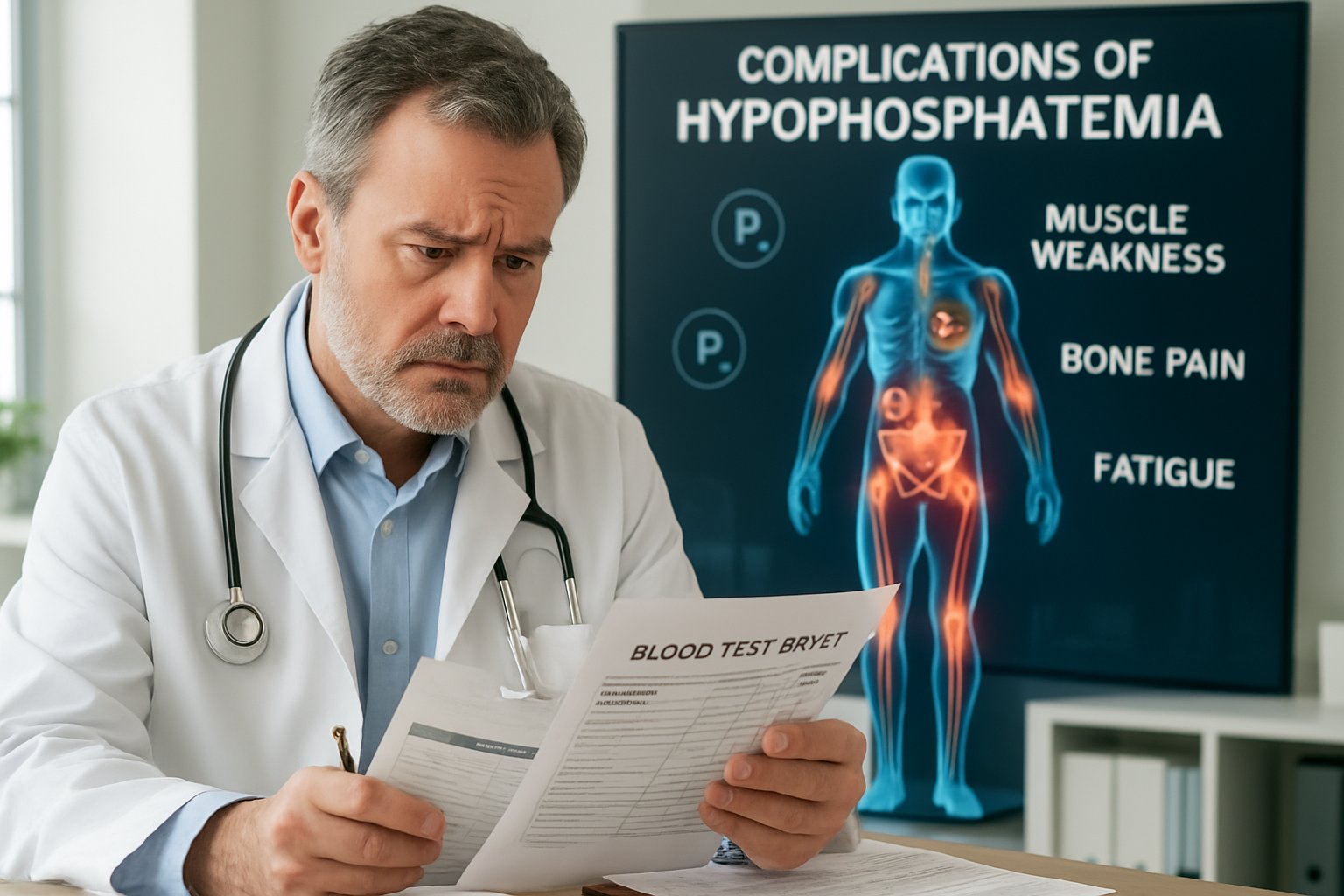 low blood phpsphorus - Preventive Medicine Daily Doctor reviewing medical charts with a digital visualization of the human body highlighting areas affected by low blood phosphorus.