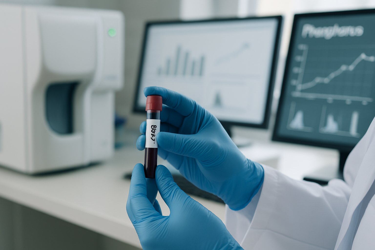 v2-138krr-iue9d - Preventive Medicine Daily Healthcare professional handling a blood sample in a medical laboratory with blood analysis equipment in the background.