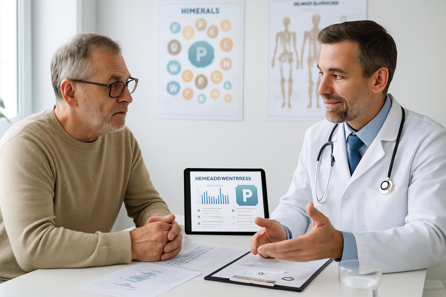 v2-138ksh-t2ynl - Preventive Medicine Daily A doctor consulting with a patient in a medical office, discussing treatment options related to low blood phosphorus.