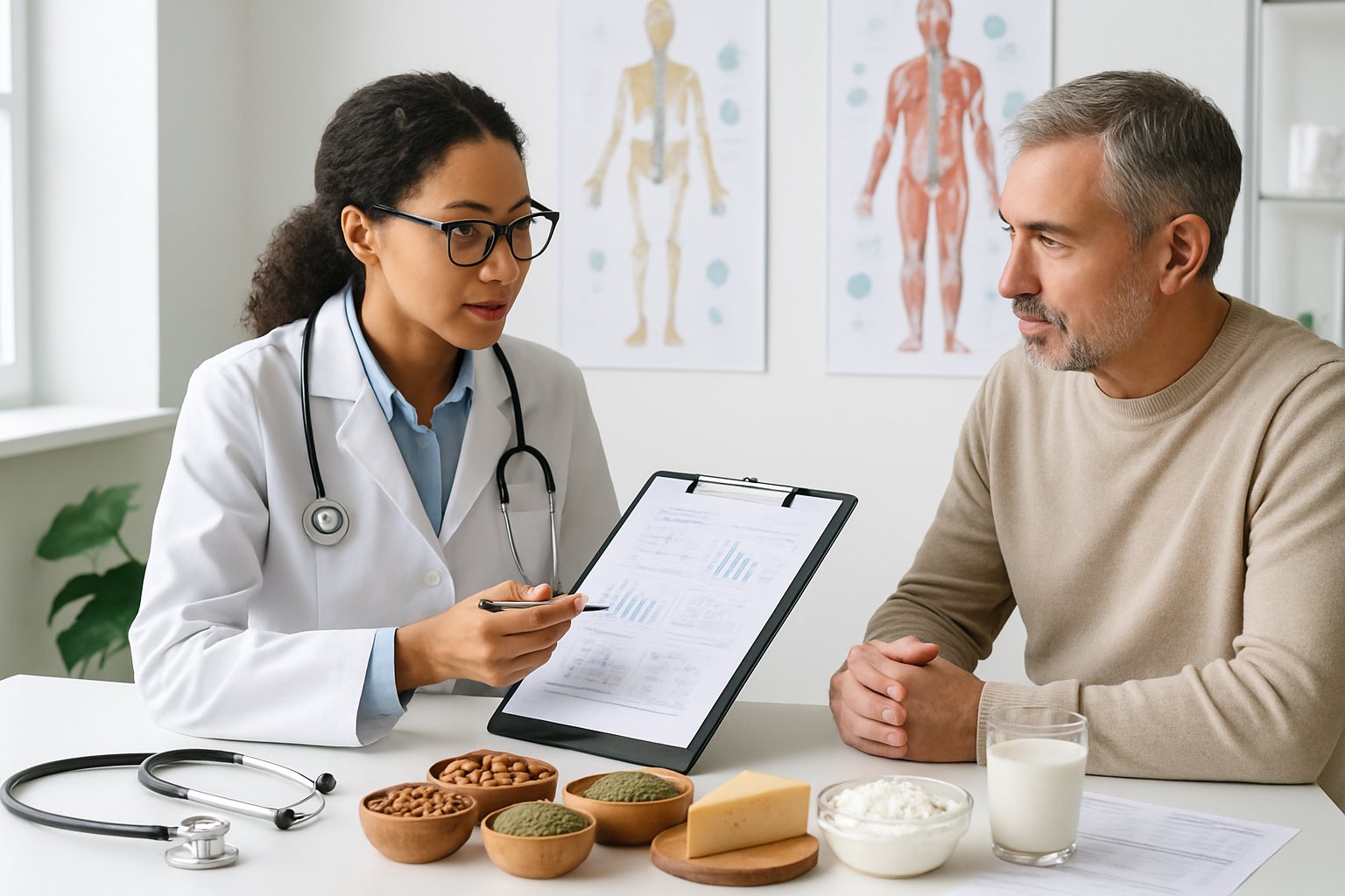 v2-138ktf-m914y - Preventive Medicine Daily A doctor consulting with a patient in a medical office, discussing health management with healthy foods and medical charts on the desk.
