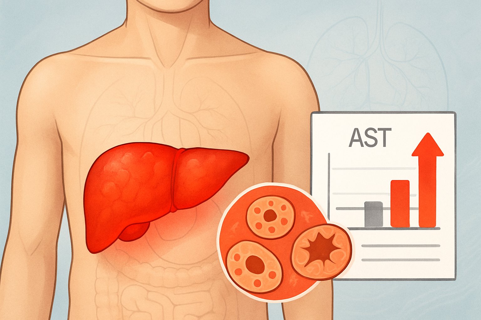 v2-139mf3-lwlxt - Preventive Medicine Daily Illustration of a human torso highlighting the liver with signs of inflammation and a nearby blood test graph showing elevated enzyme levels.