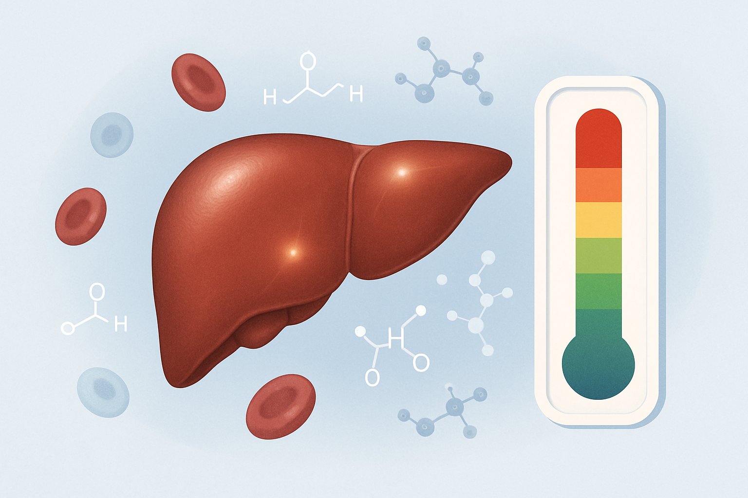 v2-139mft-ugdbw - Preventive Medicine Daily An illustration of a human liver with blood cells and molecules around it, alongside a color gradient gauge indicating normal to high enzyme levels.