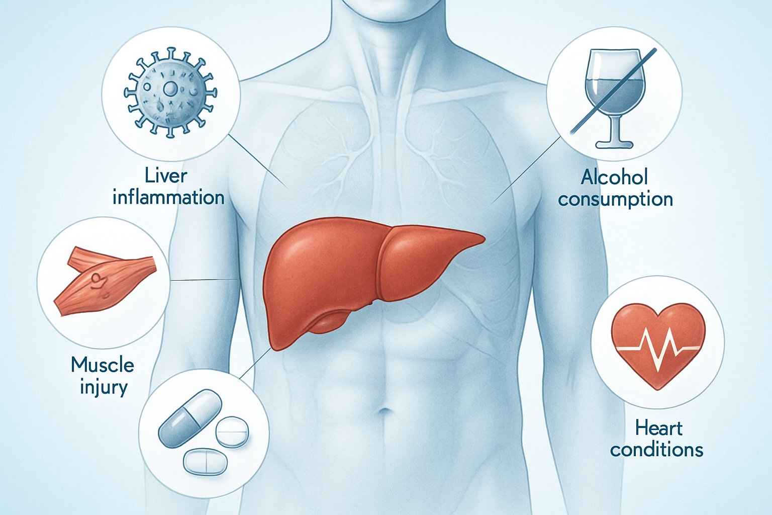 Causes of AST elevation - Preventive Medicine Daily Illustration of a human torso highlighting the liver surrounded by icons representing causes of high AST levels including liver inflammation, alcohol, muscle injury, medications, and heart conditions.