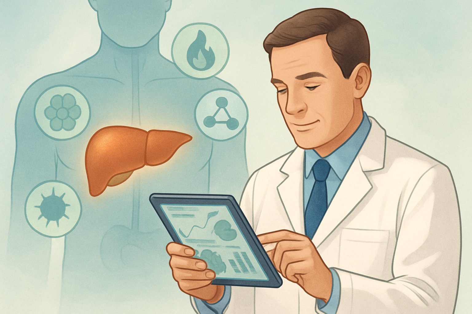 v2-139mhx-7lz9l - Preventive Medicine Daily A doctor reviewing liver-related data on a tablet with a glowing liver highlighted in a human torso illustration.