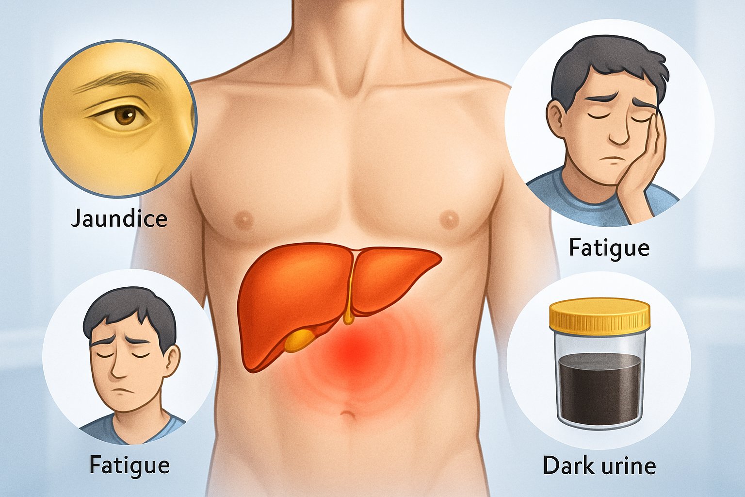 v2-139mis-4rr14 - Preventive Medicine Daily Illustration of a human torso highlighting the liver with visual indicators of symptoms like jaundice, fatigue, abdominal pain, and dark urine.