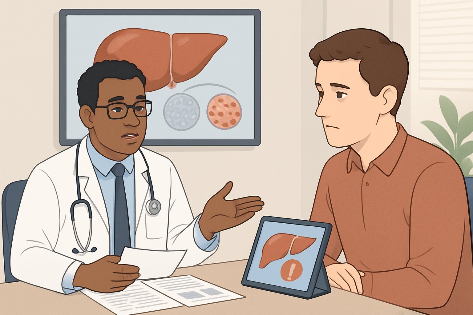 v2-139mkw-4z6pv - Preventive Medicine Daily A doctor explains liver health to a patient in a medical office, with a liver diagram visible in the background.