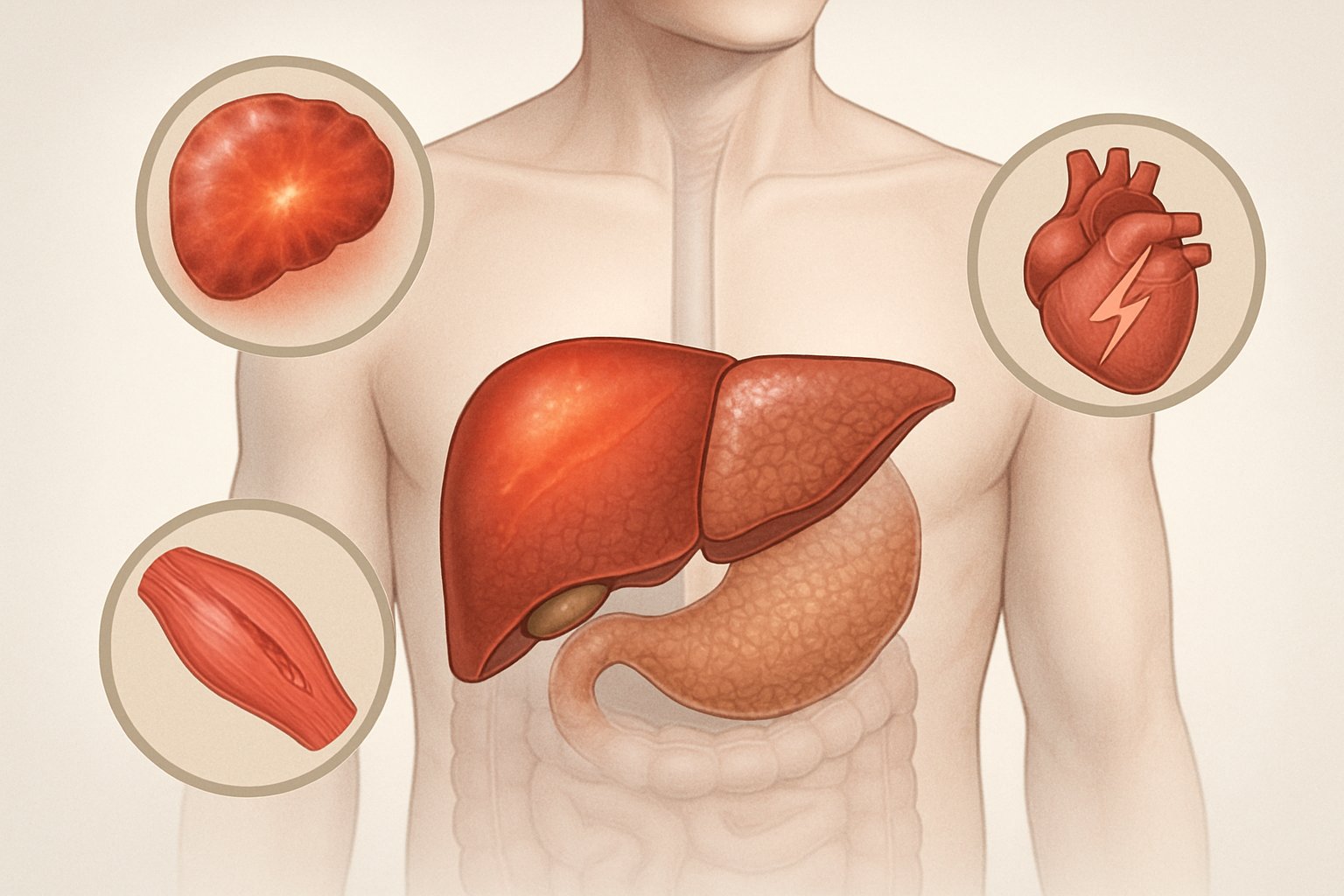 v2-139mlw-295pc - Preventive Medicine Daily Illustration of a human torso focusing on the liver with visual indicators of liver damage and related complications.