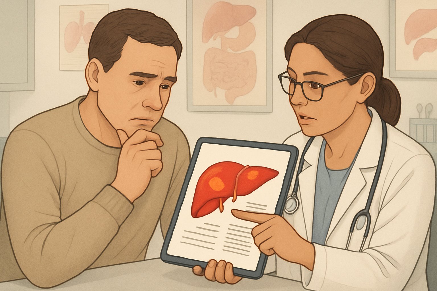 v2-139mmq-wasv7 - Preventive Medicine Daily A patient and doctor discussing liver health with a liver diagram showing elevated AST levels.