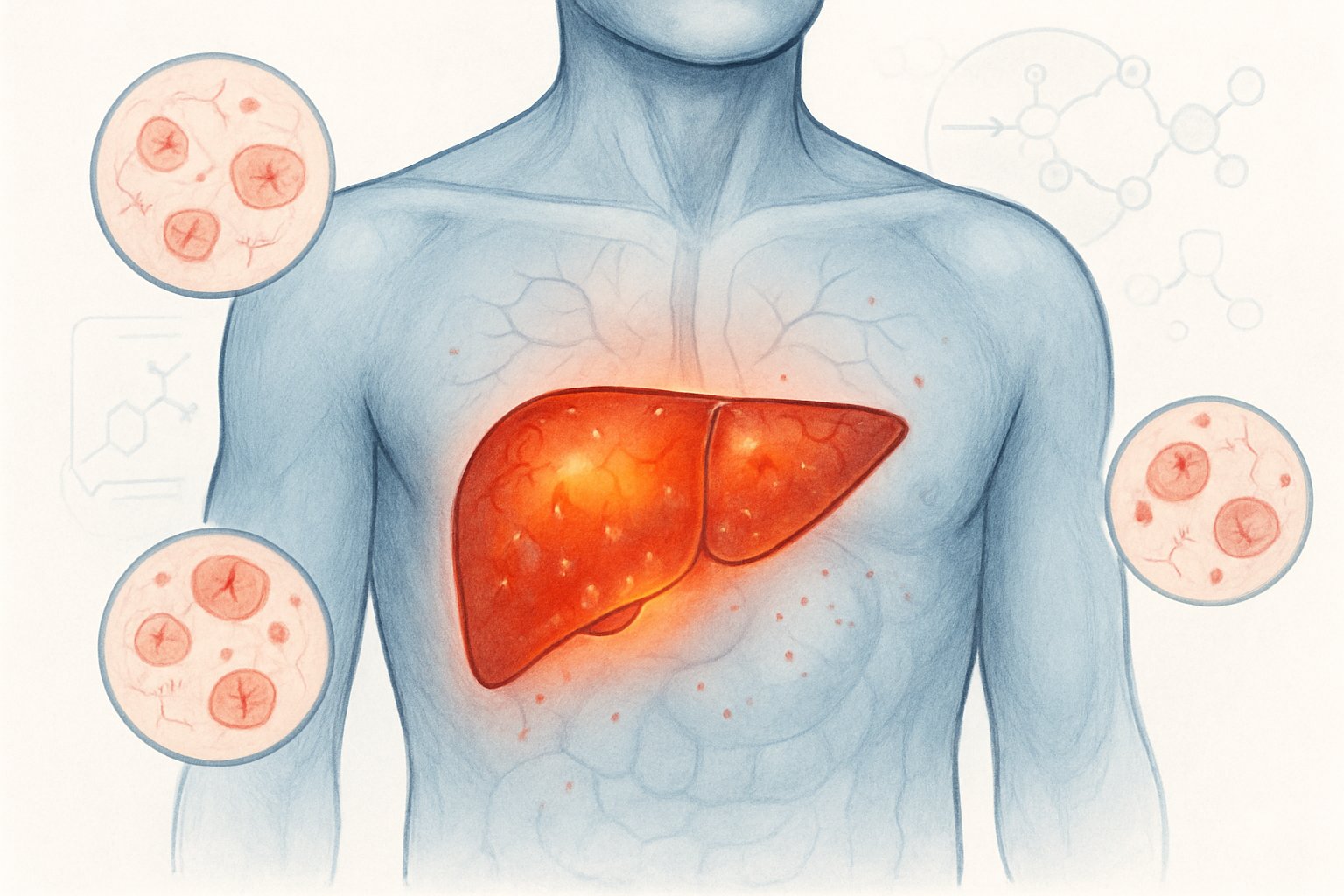 v2-139ngz-efglw - Preventive Medicine Daily Human torso with highlighted liver showing signs of inflammation and liver cells with subtle damage, illustrating elevated ALT levels.