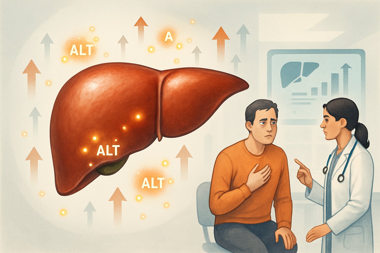 v2-139nhs-5us8h - Preventive Medicine Daily A detailed illustration of a human liver with enzyme symbols and arrows indicating high ALT levels, alongside a patient talking to a healthcare professional reviewing liver health data.