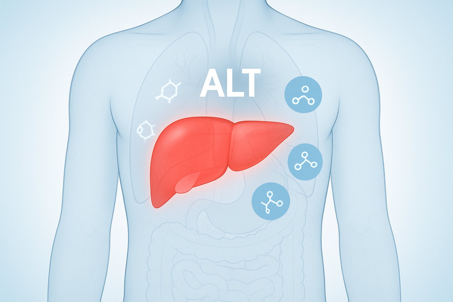 v2-139nil-1s0q9 - Preventive Medicine Daily Illustration of a human torso highlighting the liver area with red to show high activity or inflammation, surrounded by small enzyme symbols.
