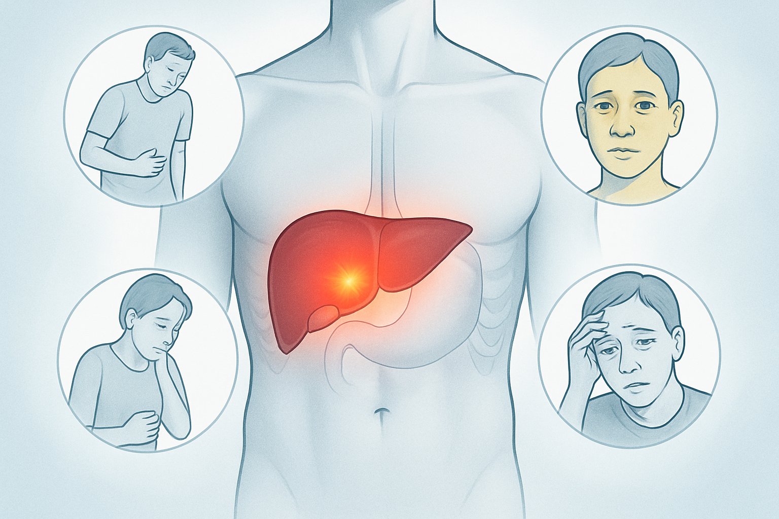 v2-139nkl-1dxwq - Preventive Medicine Daily Human torso showing a highlighted liver with visual icons representing abdominal pain, jaundice, fatigue, and nausea as symptoms of high ALT levels.