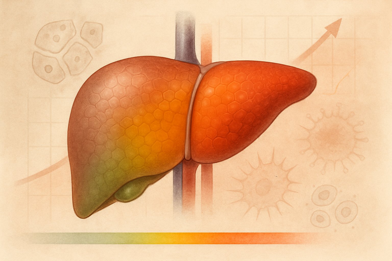 High ALT levels - Preventive Medicine Daily An illustration of a human liver with a color gradient showing increasing severity of high ALT levels and visual elements indicating liver cell damage and inflammation.