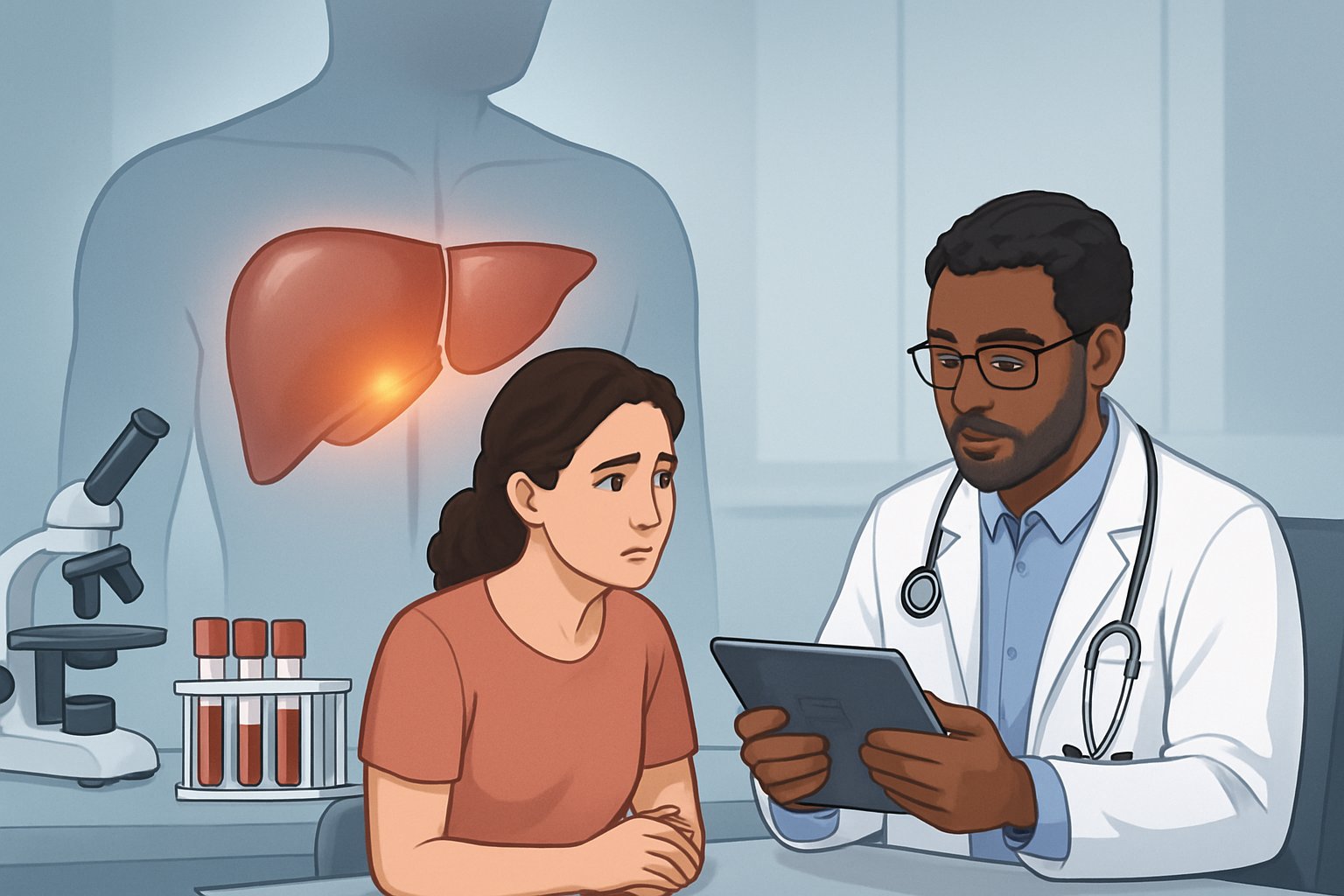 v2-139nmg-jw64b - Preventive Medicine Daily A doctor reviewing test results with a patient in a medical office, with a 3D liver model and medical equipment visible in the background.