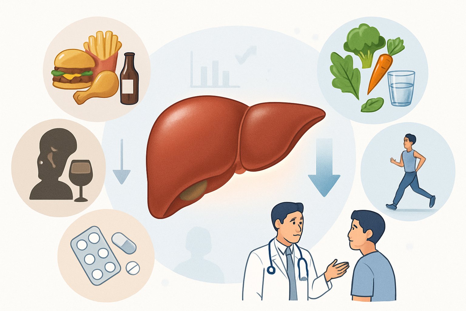v2-139nng-3tasb - Preventive Medicine Daily Illustration showing a healthy human liver surrounded by symbols of unhealthy habits and positive lifestyle choices, with a doctor consulting a patient.