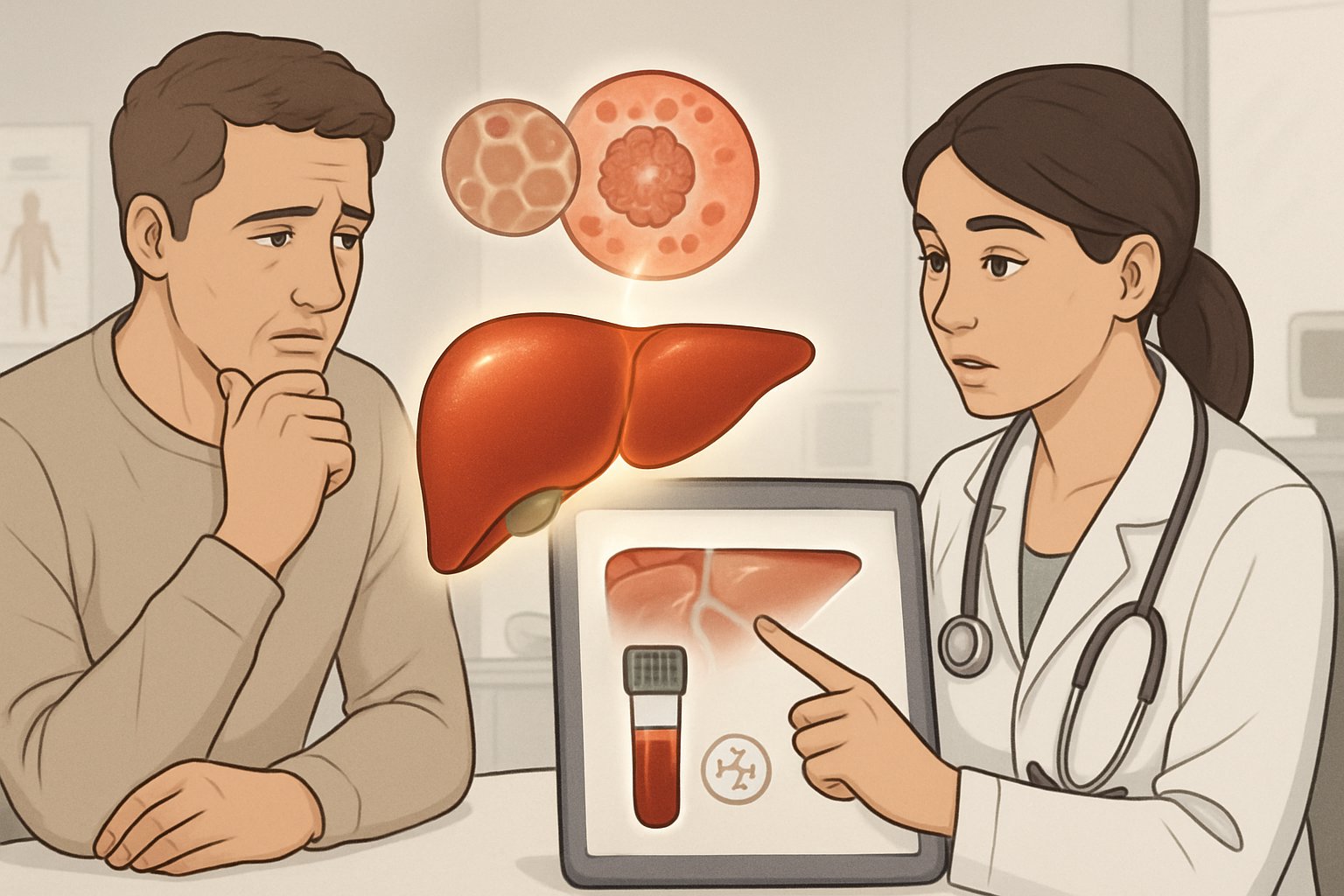 v2-139nof-38shd - Preventive Medicine Daily A patient and healthcare professional discussing liver health with a detailed illustration of a liver highlighted, showing signs of mild inflammation.