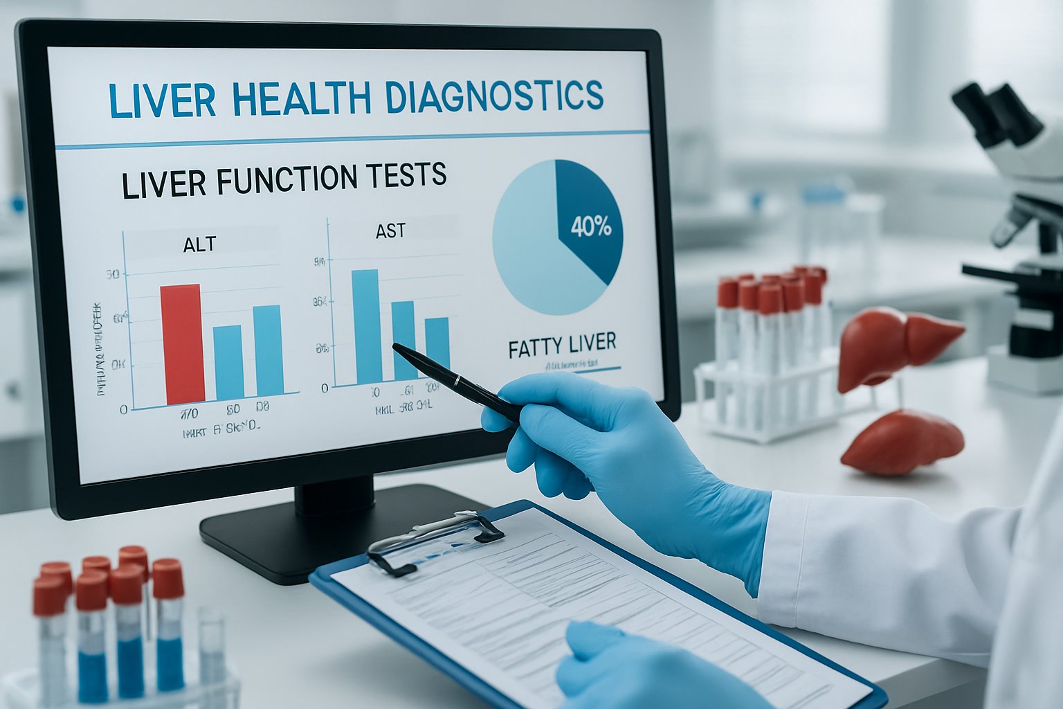 AST and ALT in fatty liver disease - Preventive Medicine Daily A medical professional pointing at liver enzyme test results on a computer screen in a laboratory setting.