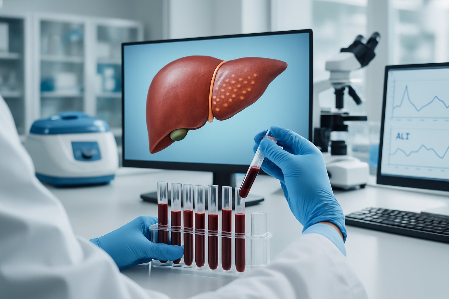 v2-139o6n-ekfsc - Preventive Medicine Daily A scientist in a lab coat examines blood samples with a digital screen showing a human liver model highlighting fatty liver disease in a medical laboratory.