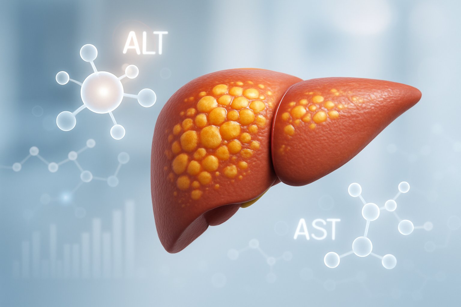 v2-139o7m-3duek - Preventive Medicine Daily Close-up of a human liver model with highlighted fatty areas and visual representations of enzymes indicating ALT is higher than AST.