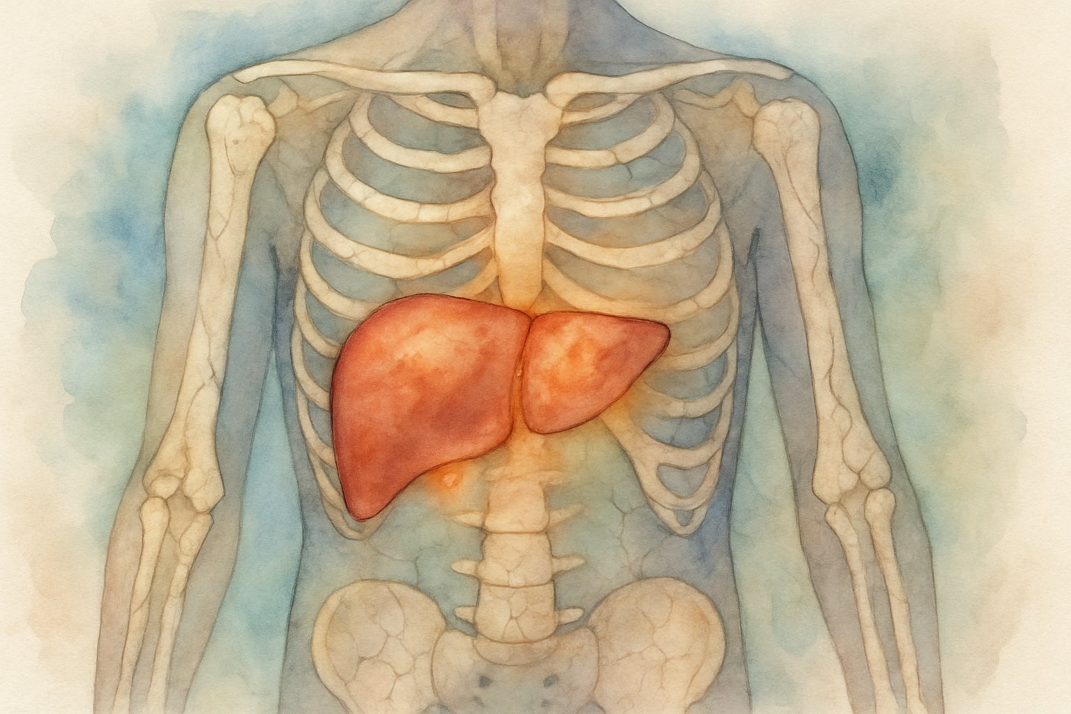v2-139p5b-5xk1f - Preventive Medicine Daily A human body showing highlighted liver and bones with signs of stress and damage.