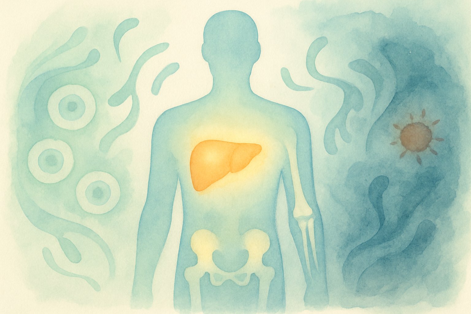 v2-139p61-h48hi - Preventive Medicine Daily A human figure with highlighted liver and bones surrounded by abstract shapes representing enzymes and body processes, showing balance and imbalance in health.