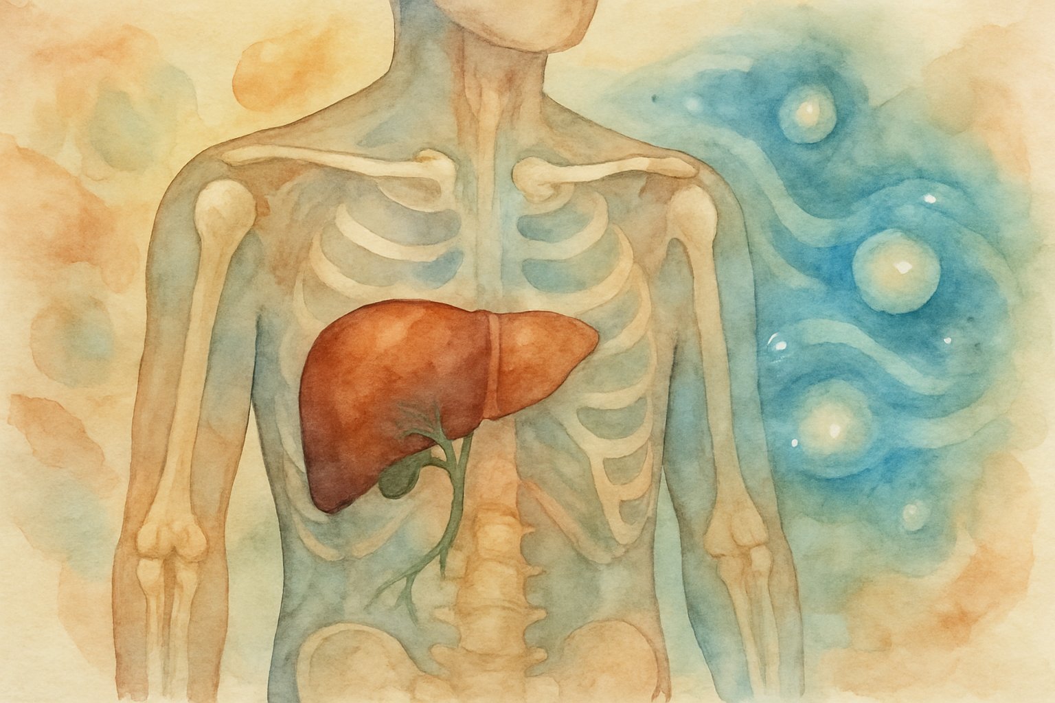v2-139p6t-13fqm - Preventive Medicine Daily A watercolor painting showing a human torso with highlighted liver, bones, and bile ducts surrounded by glowing orbs representing high enzyme levels.