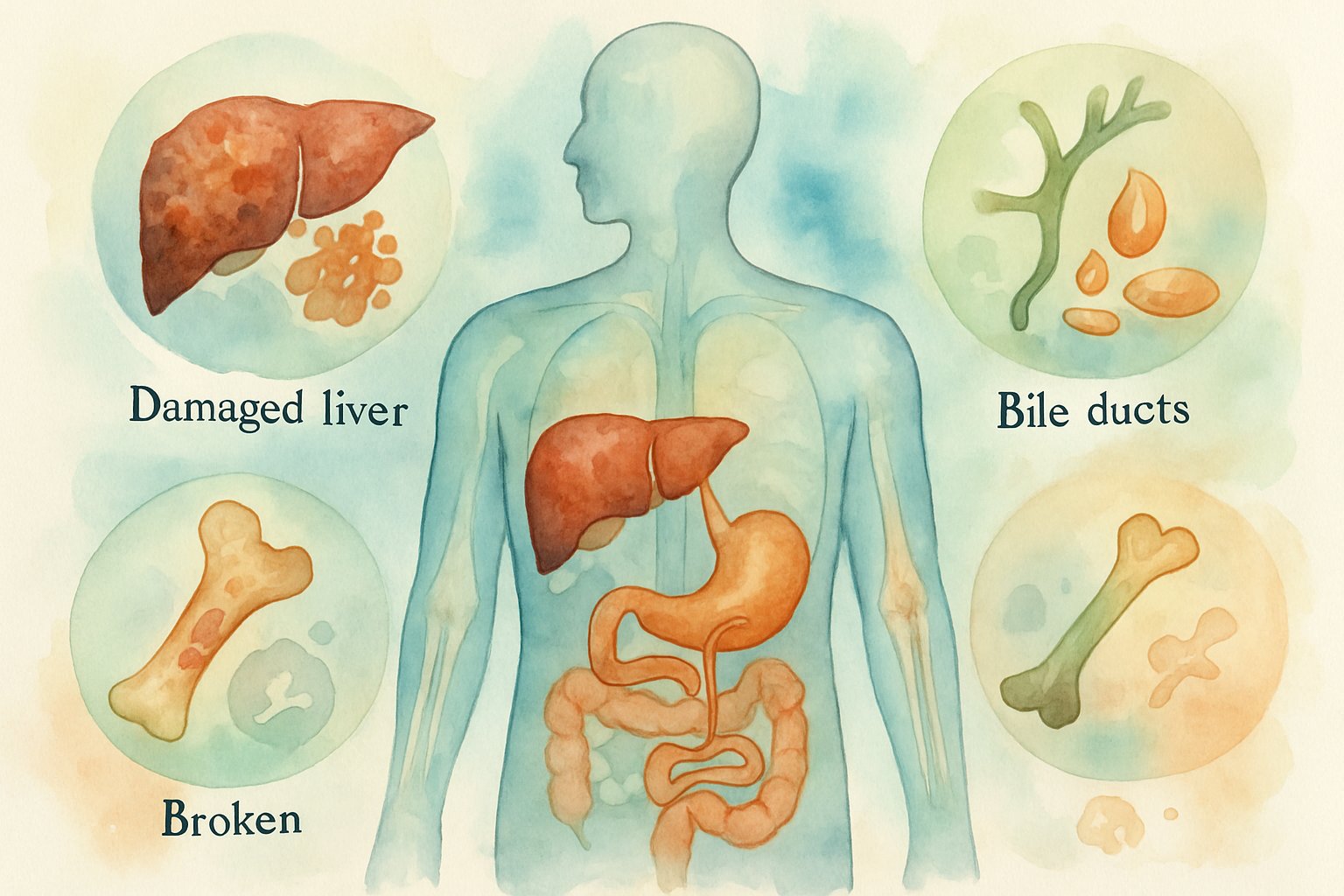 Causes of high ALP - Preventive Medicine Daily A human figure showing highlighted liver, bones, and bile ducts with surrounding symbolic elements representing causes of high ALP in the body.