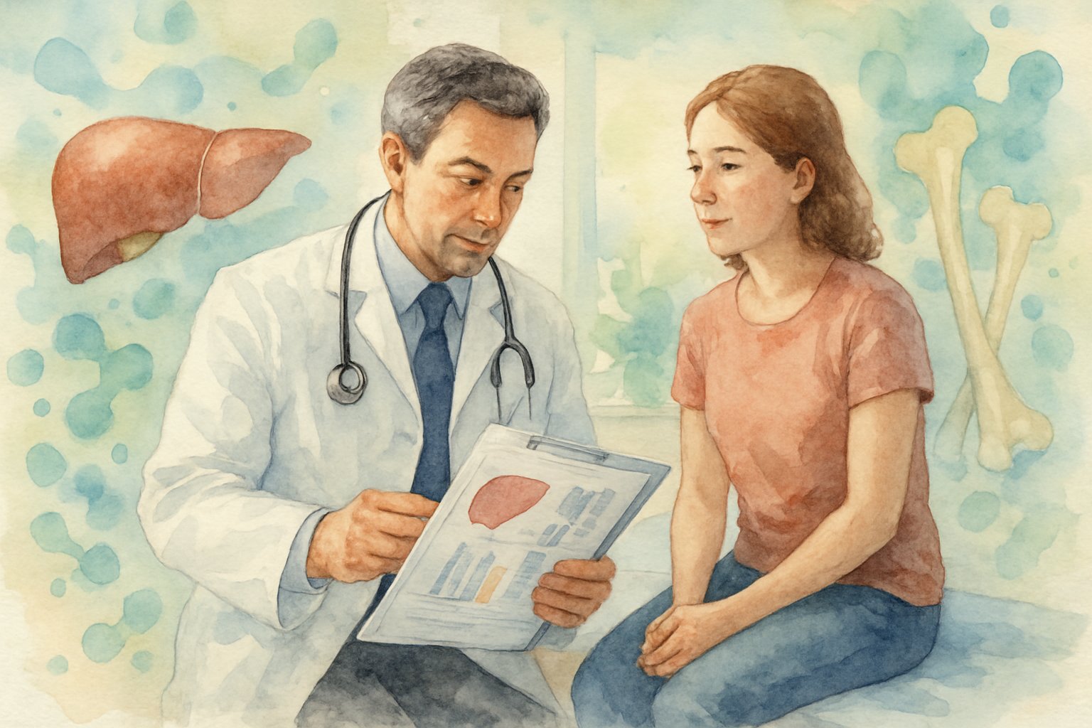 v2-139p9v-g6i9b - Preventive Medicine Daily A doctor examining a patient in a clinic with illustrations of liver and bones in the background representing medical diagnosis.