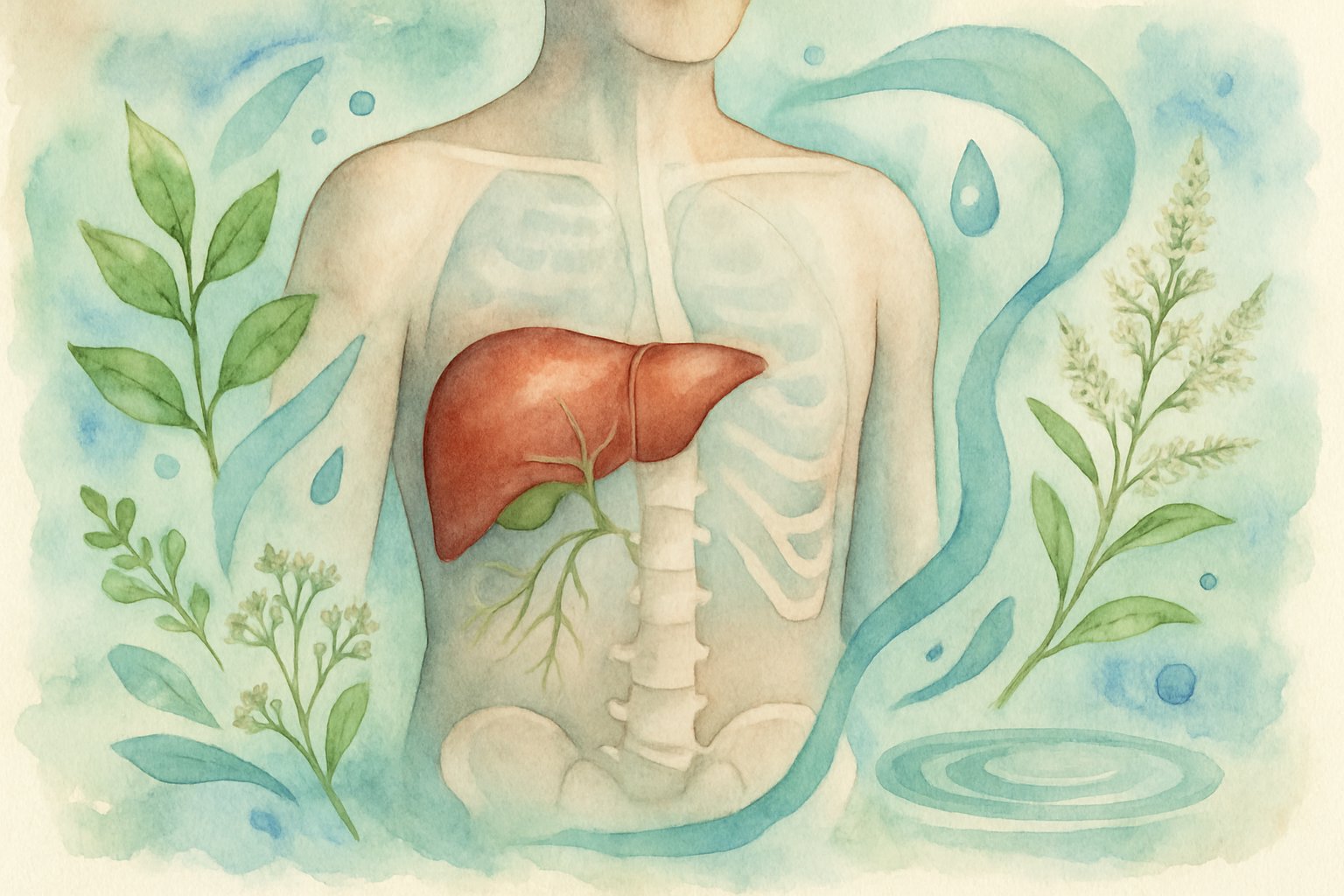 v2-139pat-yeqve - Preventive Medicine Daily A human torso with highlighted liver and bones surrounded by leaves and water droplets symbolizing health and healing.