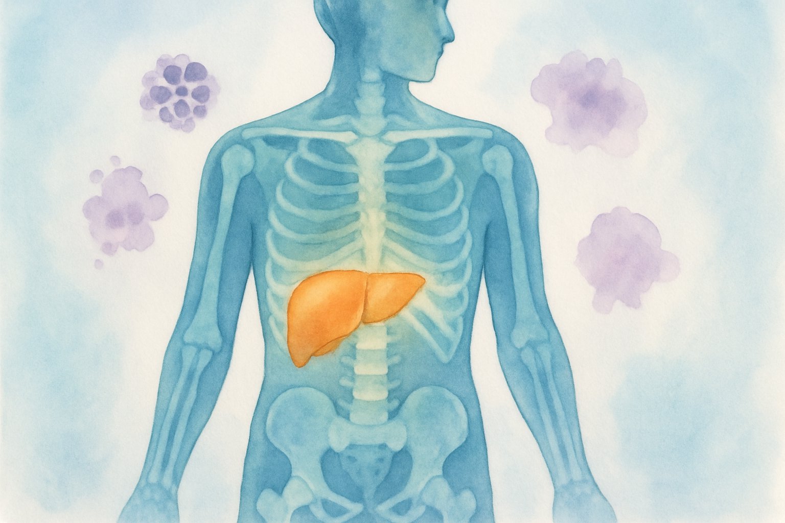 v2-139pbo-qgax2 - Preventive Medicine Daily A semi-transparent human figure highlighting bones and liver areas with glowing colors, surrounded by abstract shapes representing other organs.