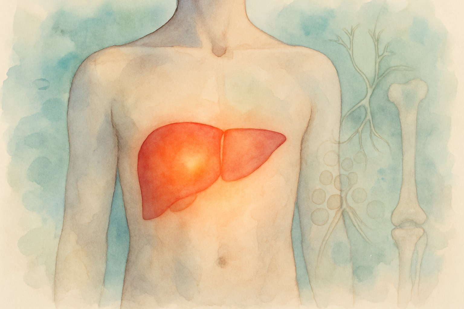 v2-139pcp-u20v5 - Preventive Medicine Daily A watercolor painting showing a human torso with emphasis on the liver area and surrounding biological elements representing body systems affected by high ALP.