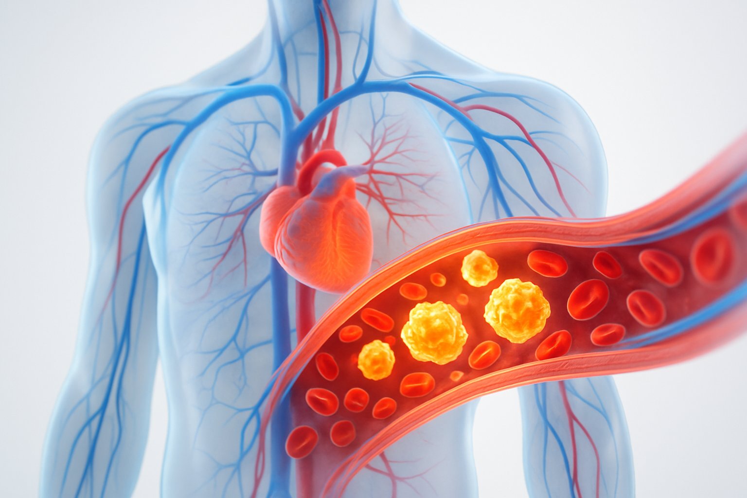 v2-139sto-nf286 - Preventive Medicine Daily Close-up of a transparent human torso showing glowing blood vessels with floating protein molecules inside the bloodstream.
