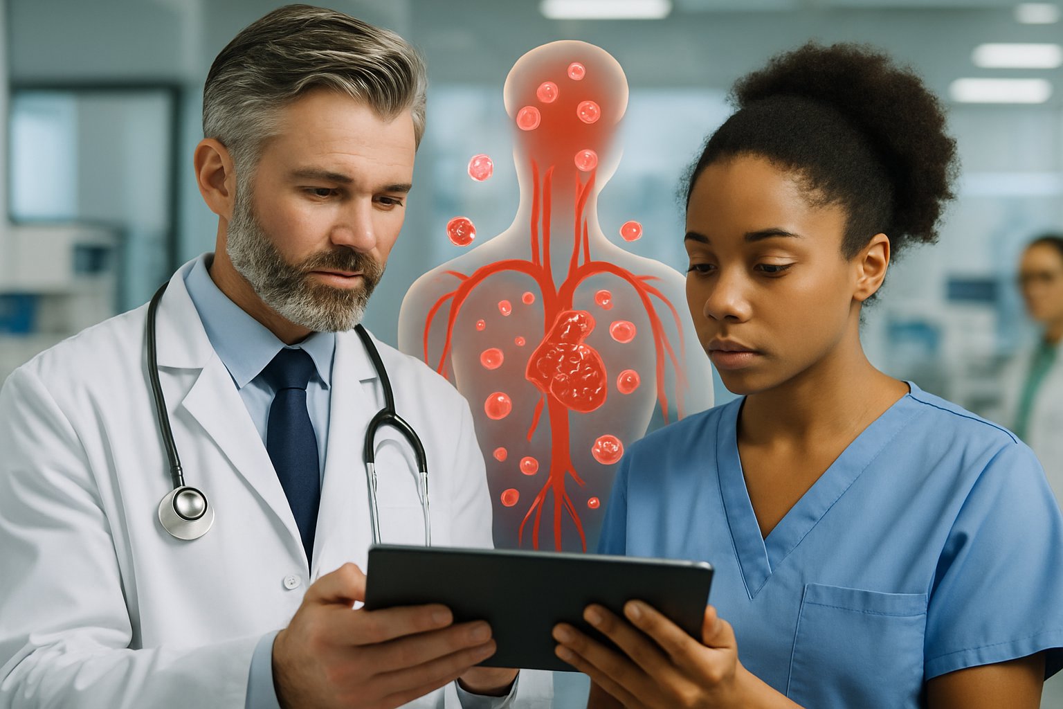 v2-139svr-u8yul - Preventive Medicine Daily Medical professionals reviewing blood test results with a digital tablet in a modern laboratory setting, with a background showing a human circulatory system highlighting blood vessels.